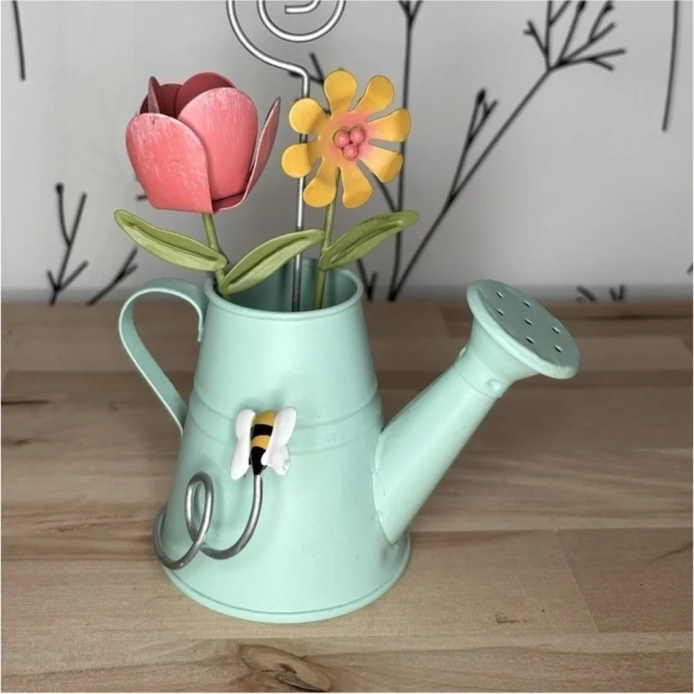 Watering‎ Can Photo Holder Flowers Bee Whimsical Mint Green